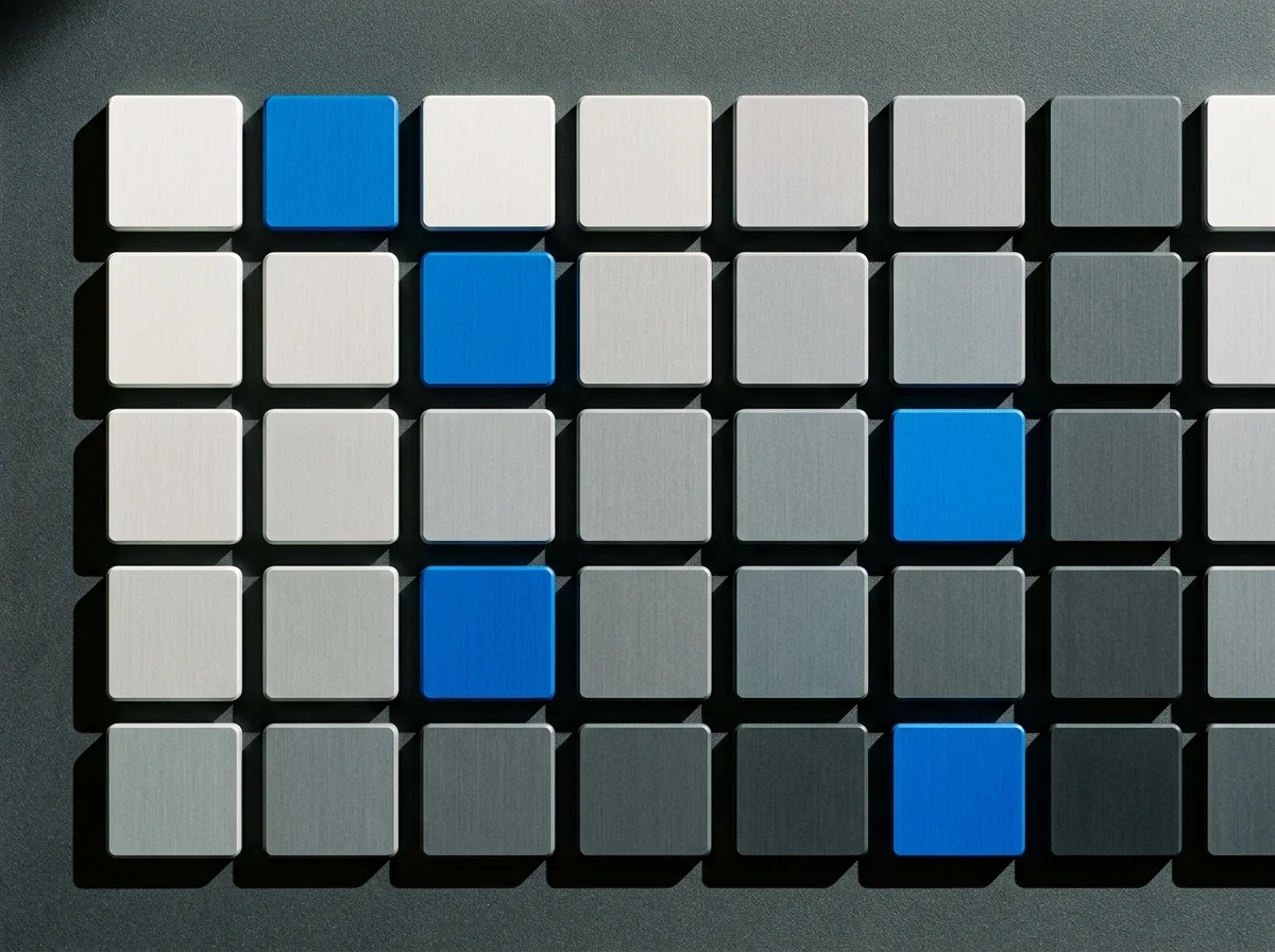 A grid of white and grey keys with four blue ones, a desk model of a colour token palette