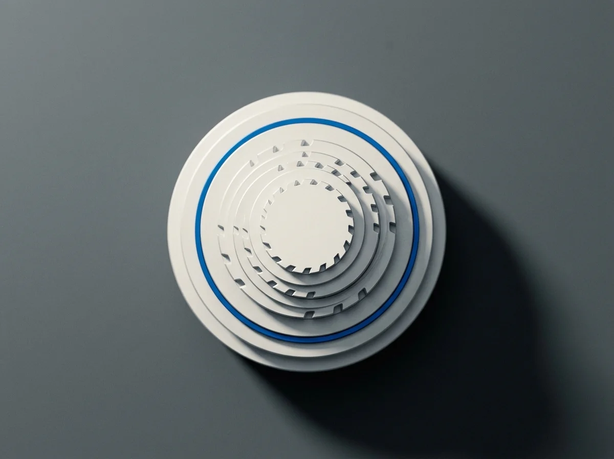 A white dial with stepped rings and a blue groove on a grey surface