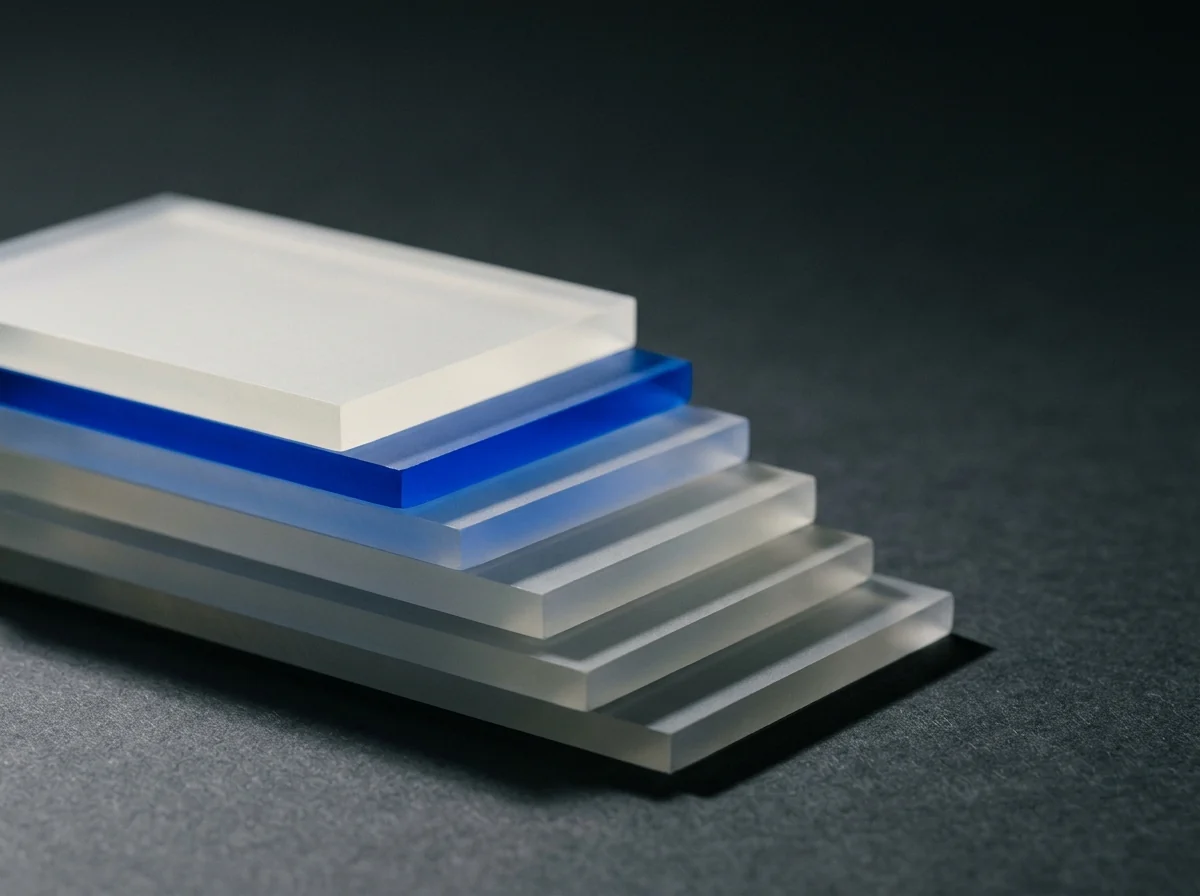 A stack of frosted acrylic sheets with one blue layer