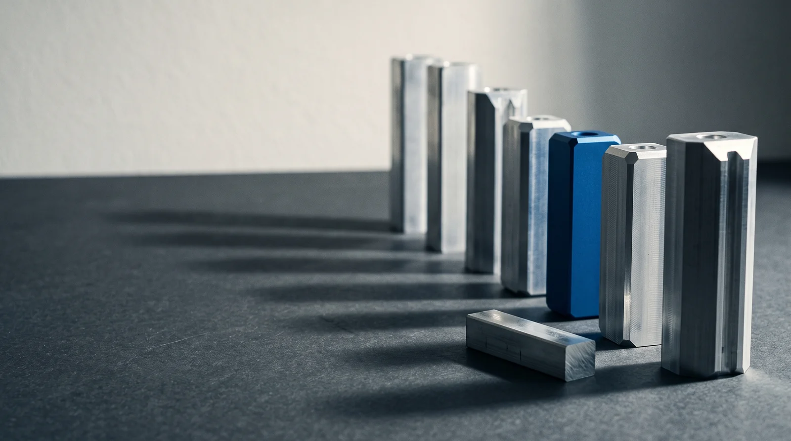 A row of machined aluminium blocks of different heights on a dark desk, one of them anodised blue