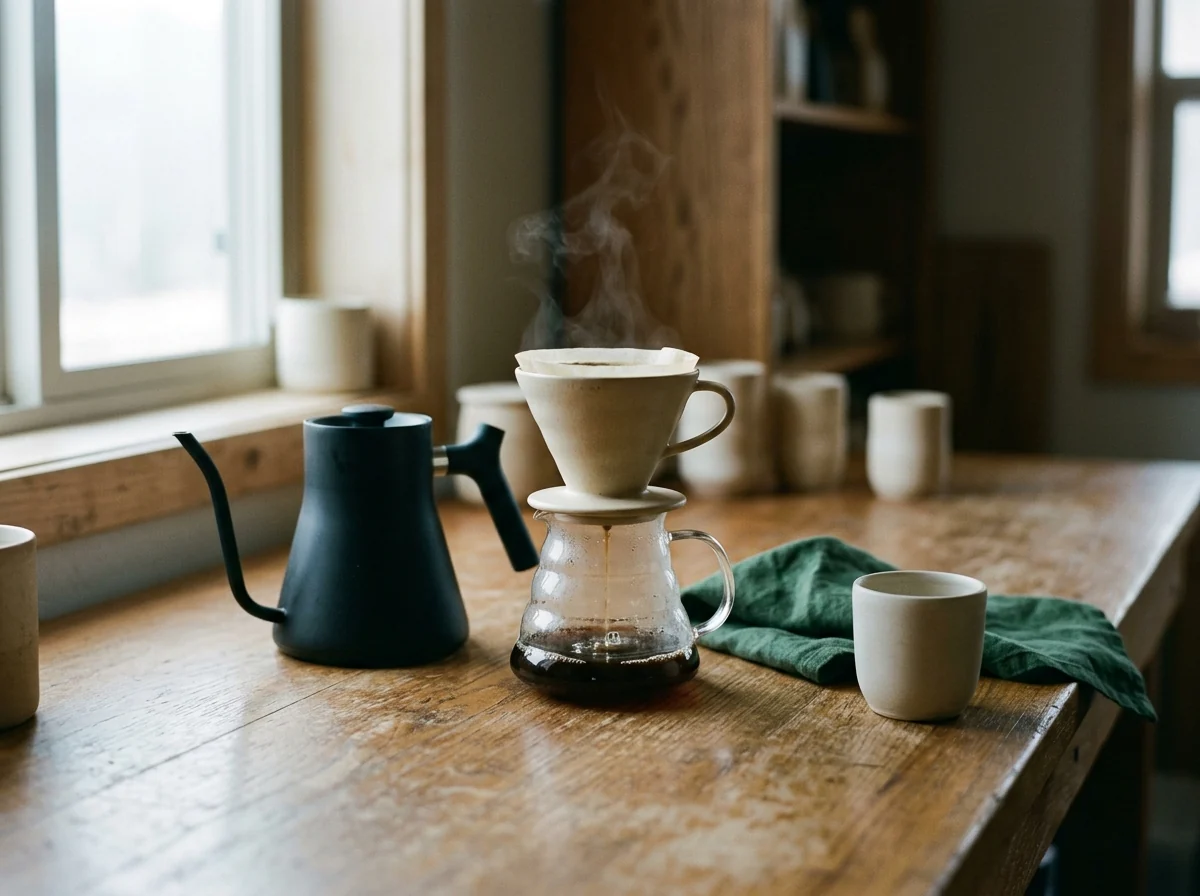 A gooseneck kettle, a dripper and a glass server on the brew bar by the window