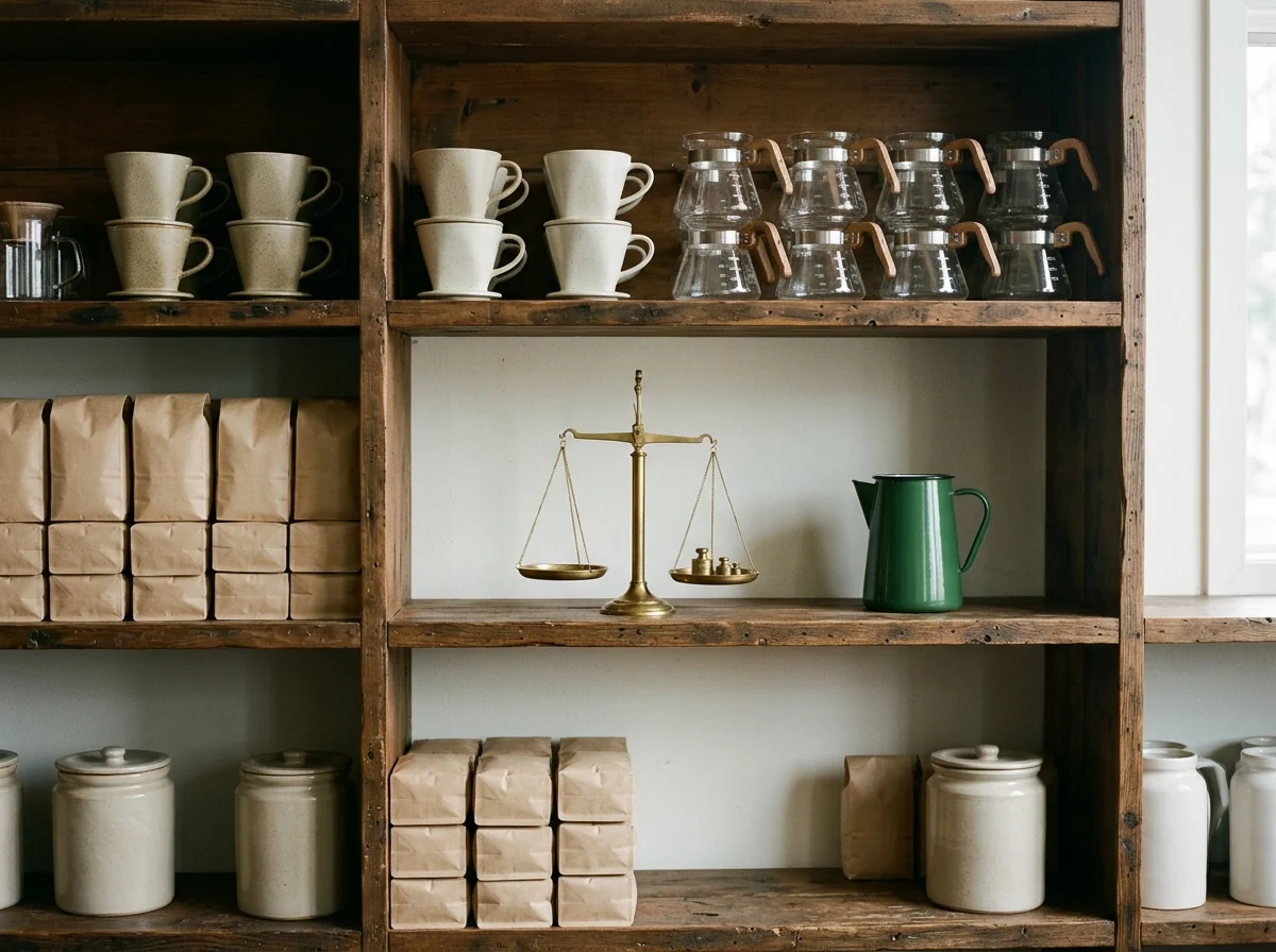 Shelves of cups, glass servers, a brass scale and bags of beans