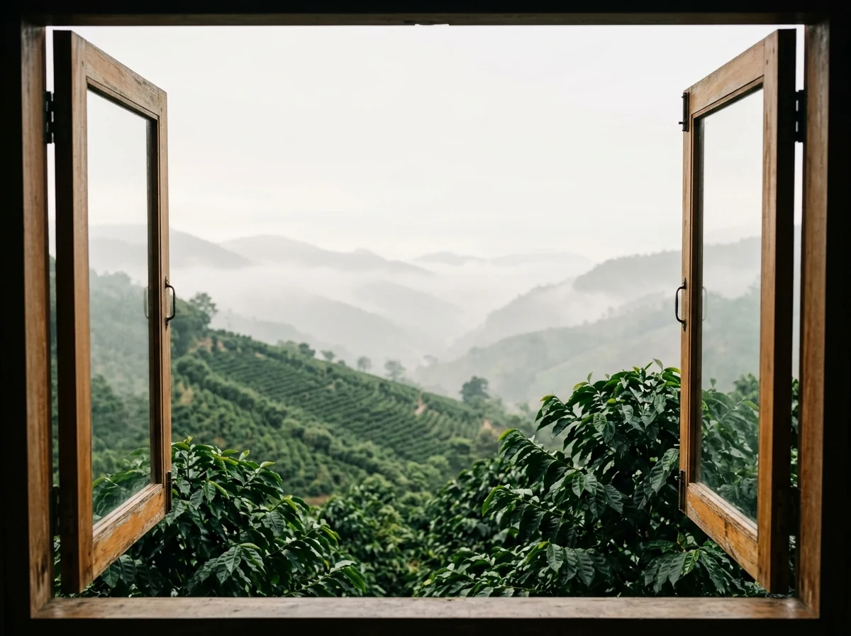 Terraced green hillsides in mist, seen through an open wooden window
