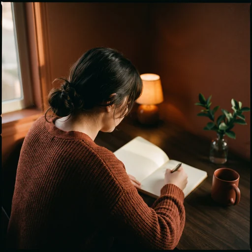 Elena Chen writing at her desk, seen from behind