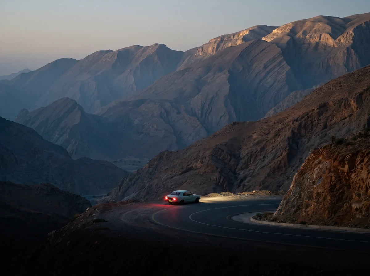 The coupe small on a bend of the mountain road before sunrise, headlamps on, ridges fading into haze