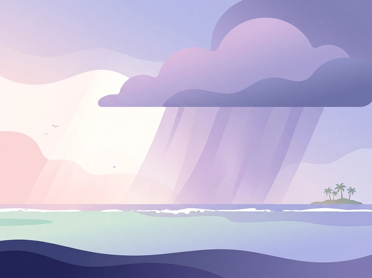 Illustration of rain falling from a lavender cloud over the sea and a small palm island