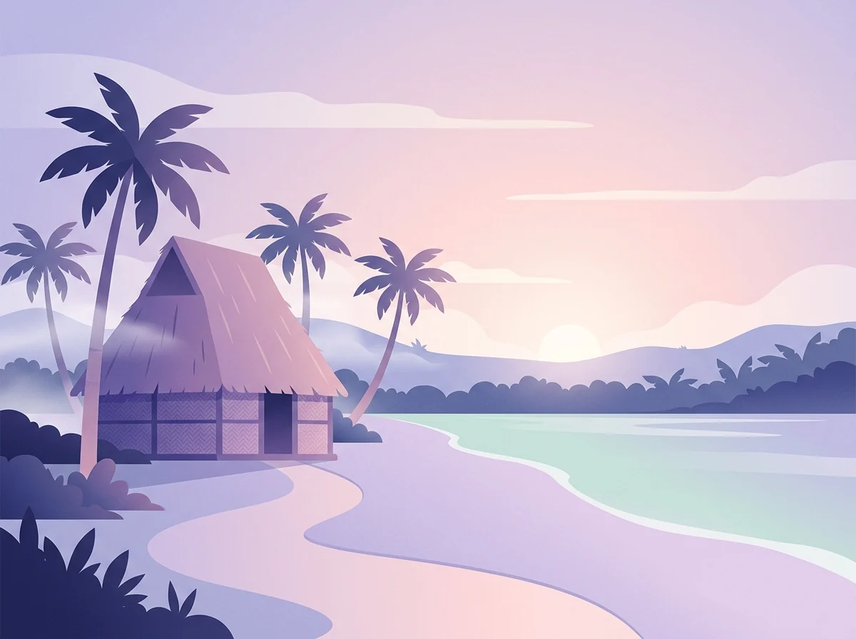 Illustration of a thatched hut under palm trees on a beach at sunset