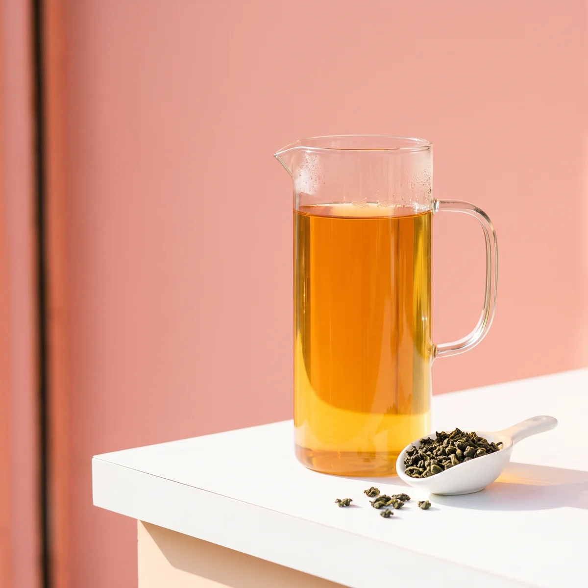 A glass pitcher of amber oolong beside a scoop of rolled tea leaves