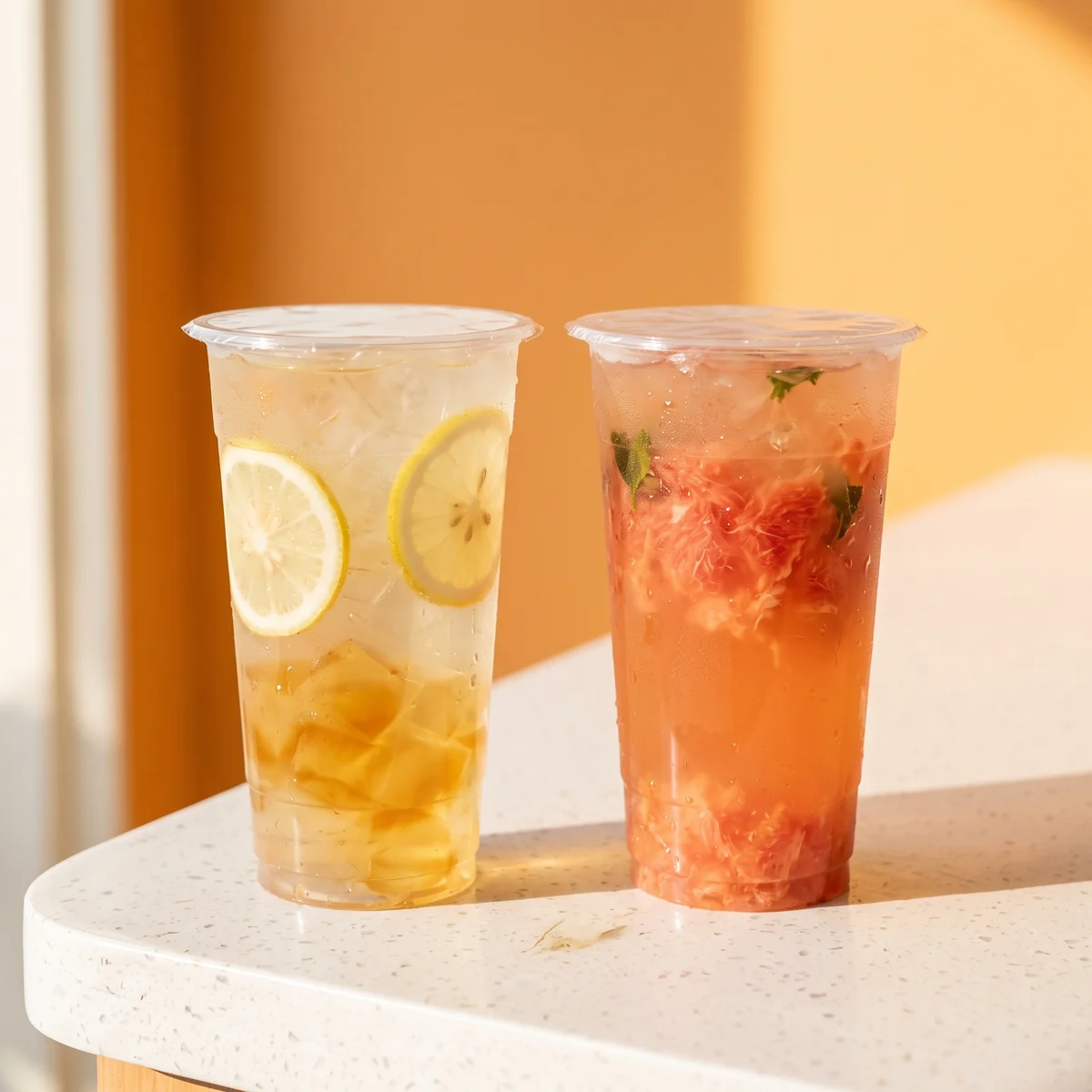 Aiyu jelly lemon tea and grapefruit green tea in sealed clear cups
