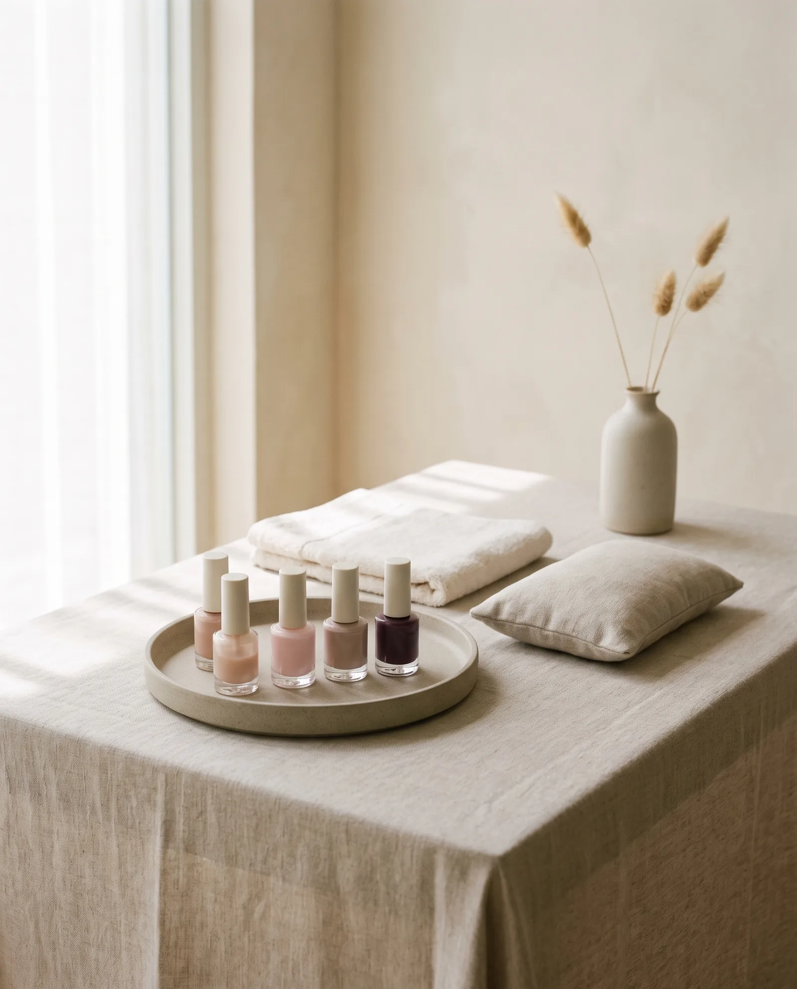 A manicure table by a window with unlabelled polish bottles, a hand cushion and dried grass in a vase
