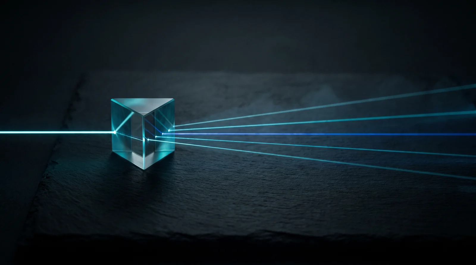 A glass prism on dark slate splitting one beam of light into several