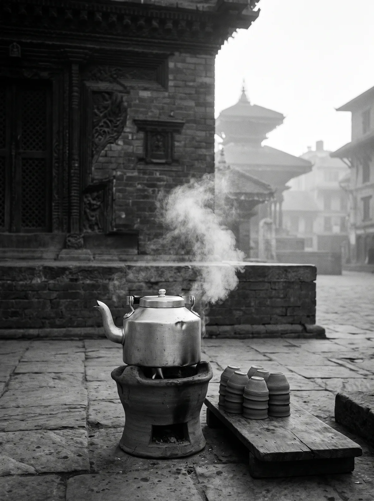 A kettle steaming on a clay stove at a street corner before sunrise