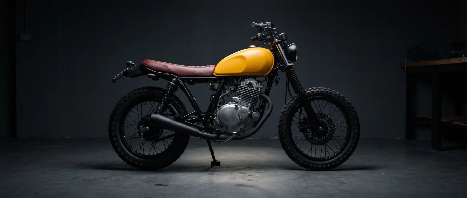 Build 27, the Tea Road Single: a scrambler with a yellow tank and an ox-blood seat in the dark workshop