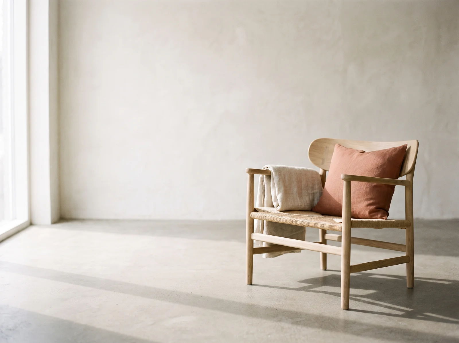 An oak lounge chair with a woven paper-cord seat, a terracotta cushion and a linen throw