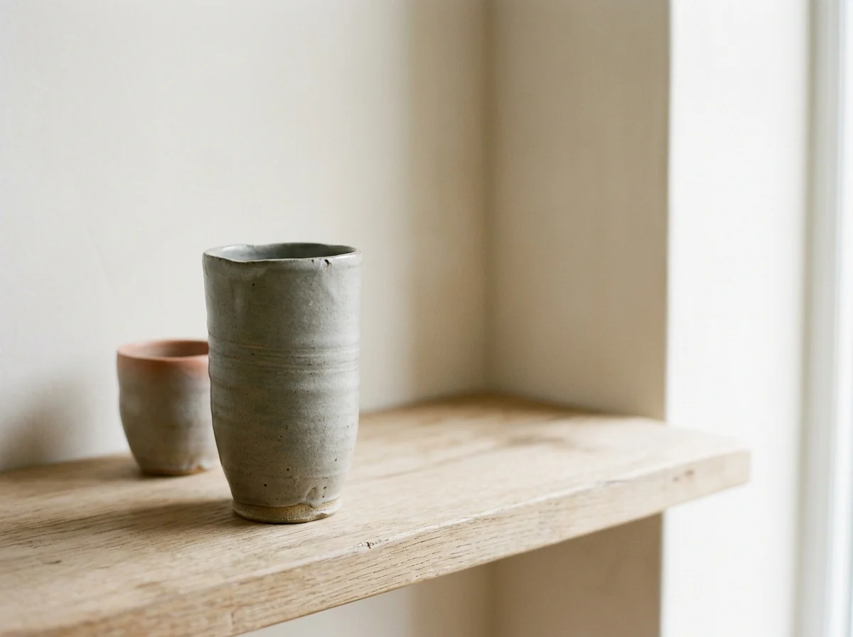 Two stoneware cups on an oak shelf, one grey-glazed and one in bare terracotta