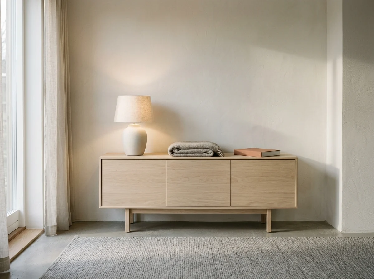 A pale oak sideboard with a ceramic table lamp, a folded blanket and a book