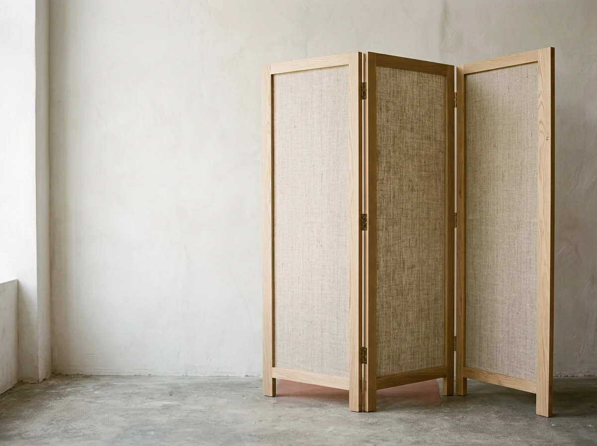 A three-panel folding screen in ash and unbleached linen against a plaster wall