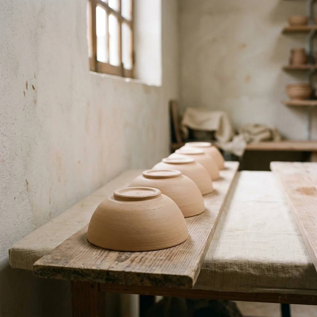 A row of unglazed bowls drying upside down on a wooden board