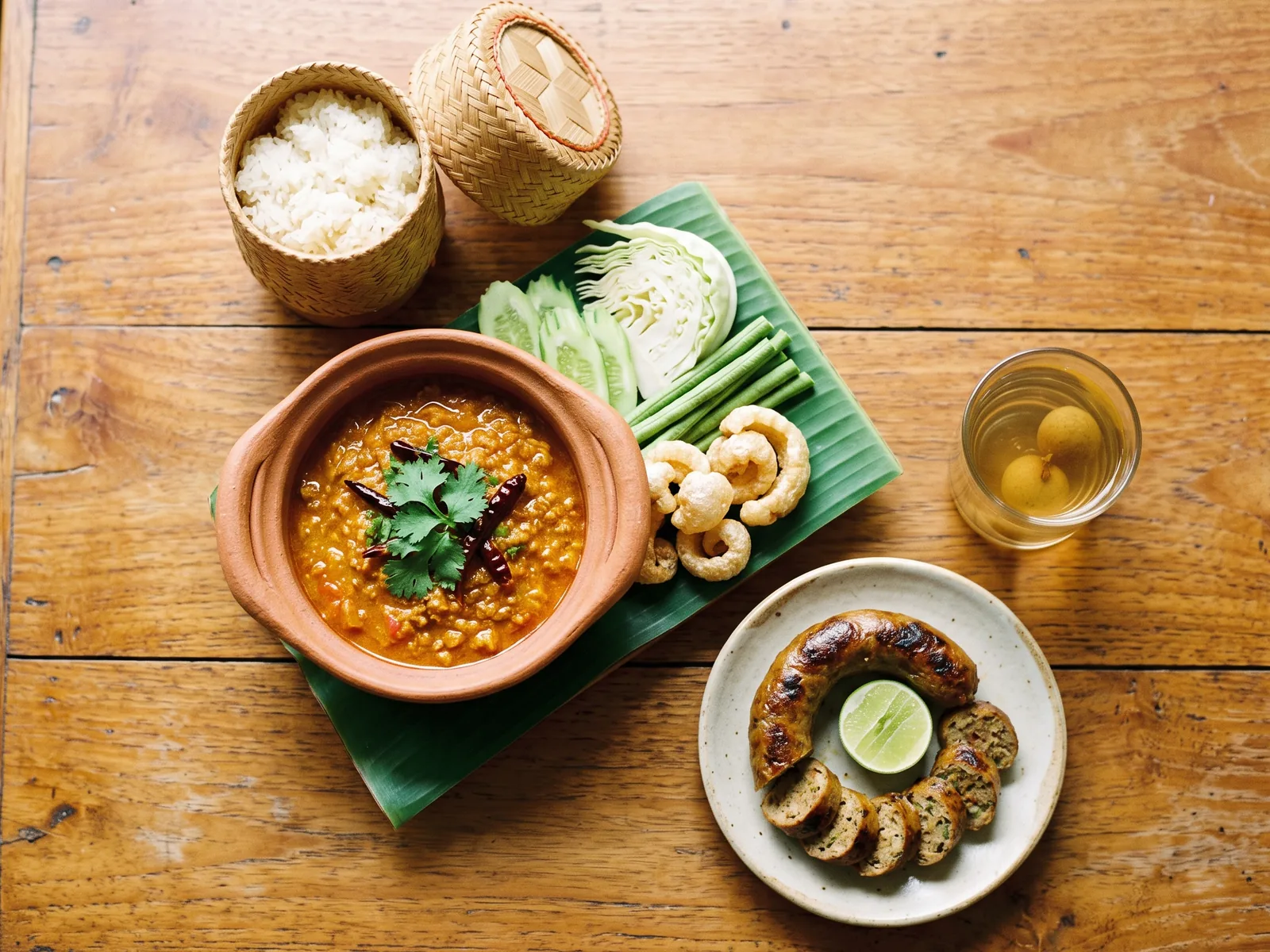 Northern Thai small plates: chilli dip with raw greens, grilled herb sausage and sticky rice